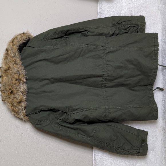 H&M Army Green Coat Faux Fur Collar Womens 0 Olive Green Jacket - Picture 9 of 15